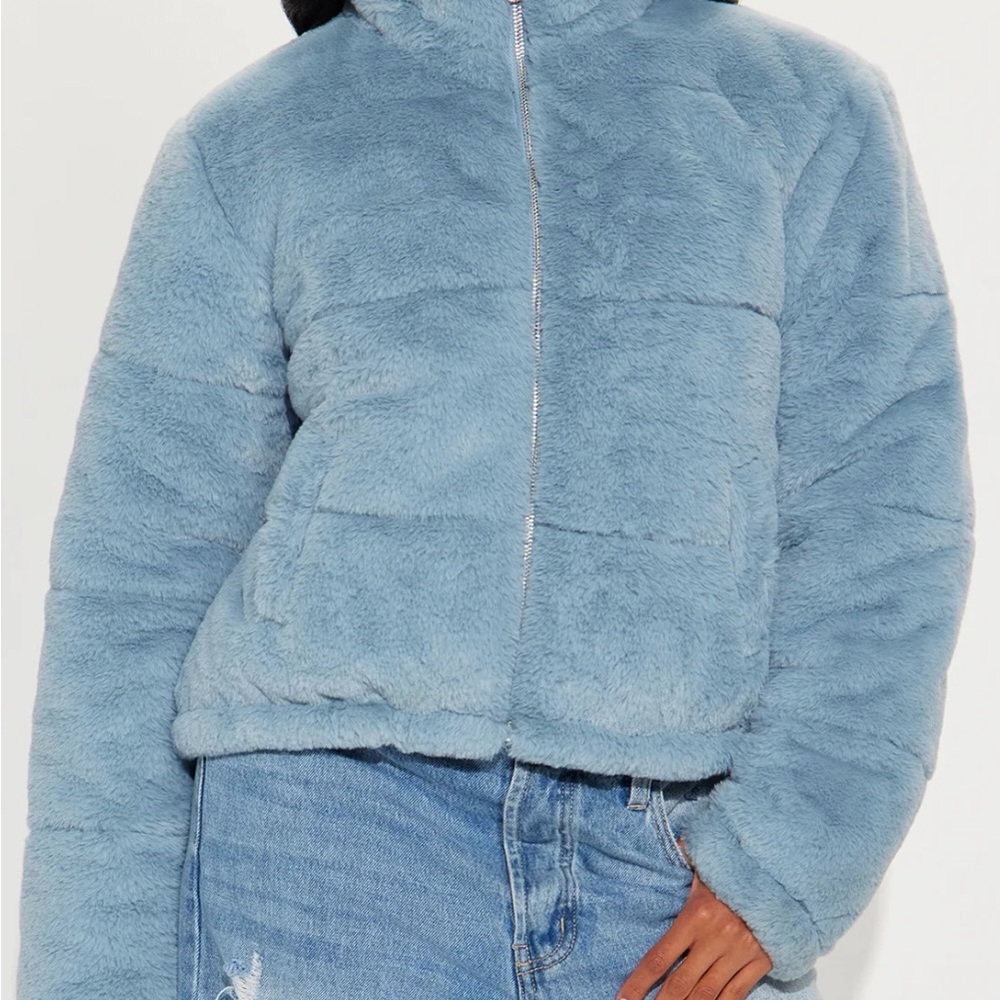 Fashion Nova Light Blue Teddy Jacket fits large better